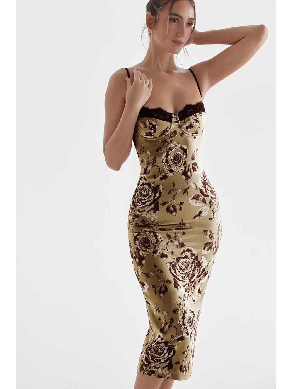 NEW, House of CB Floral Print Midi Dress in Green/brown SZ L #MD2364 - Picture 5 of 11